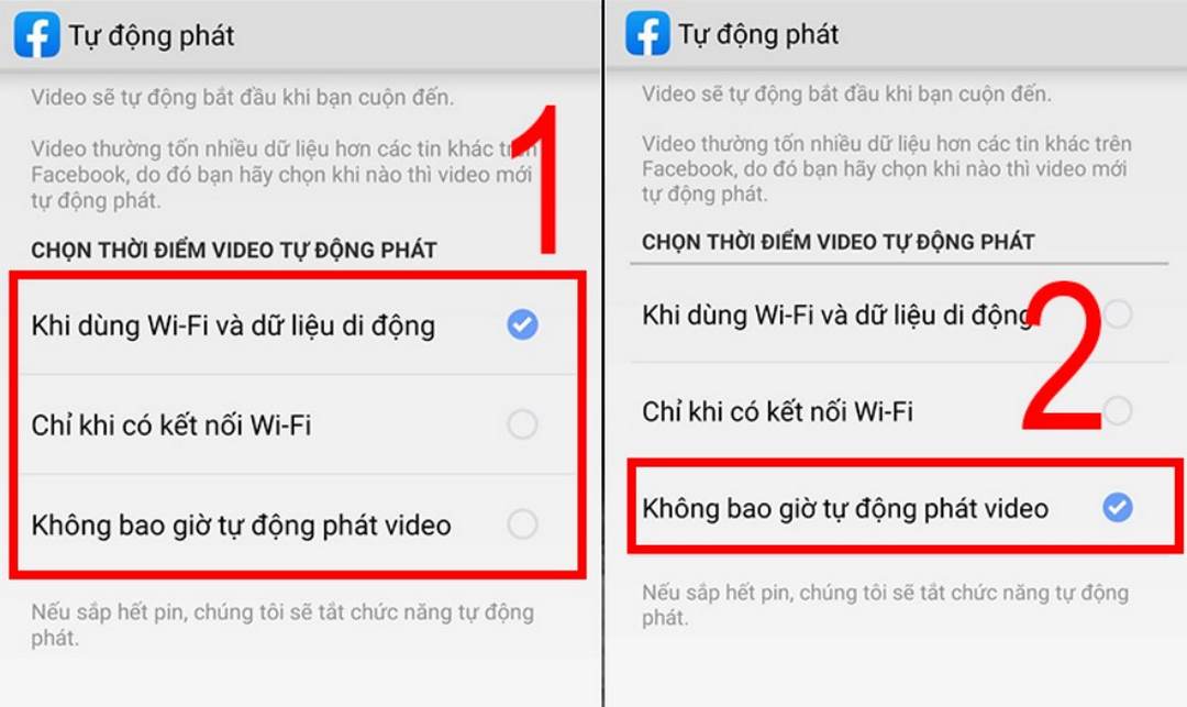 Bật/Tắt tính năng tự động phát video