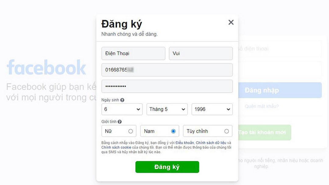 Hướng đăng ký facebook bằng SĐT ảo