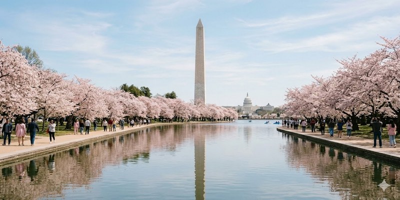 Tượng đài Washington sừng sững bên Hồ Phản chiếu (Reflecting Pool)